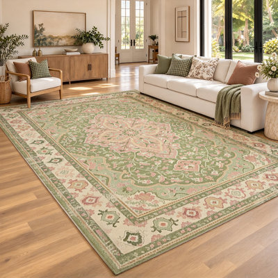 Tapis de style bohème persan délavé rétro floral vert sauge et rosé de 1 pièce pour le salon, doux et confortable, adapté à toutes les saisons, facile à entretenir, tapis de sol intérieur lavable à la machine, sous la table de ferme convenant à la salle à manger,