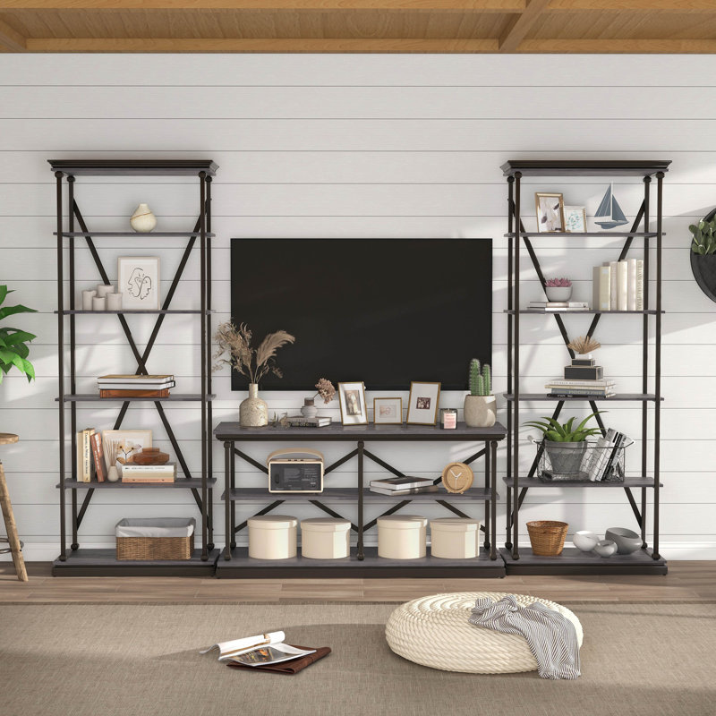 Kiven Metal 3-Piece Console Table and Bookcase Set, Gray