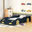 Lit de voiture de course simple bleu foncé + jaune avec rangement pratique, construction, confortable pour une bonne nuit de sommeil, plateforme et espace de rangement, construction en bois fiable
