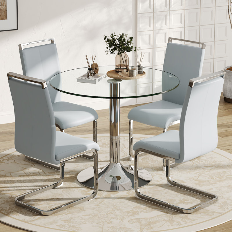 Ensemble de table de salle à manger moderne en verre trempé avec chaises rembourrées en similicuir, Gris clair