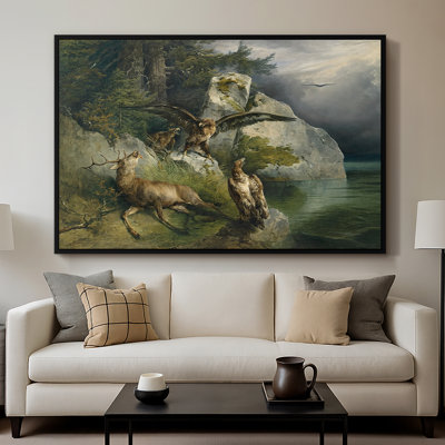 Eagles and Diving Stag on a Lakeshore, 1836 - Art encadré sur toile encadrée, Gauermann
