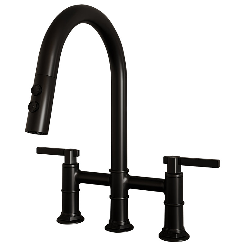 Matte Black Dual Handle Pull-Down Bridge Kitchen Faucet