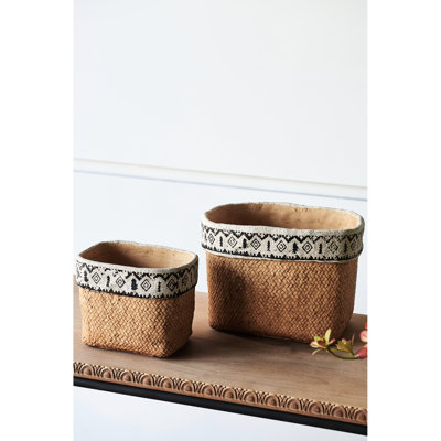 Geometric Trim Brown Multi Rectangular Basket Planters Of 2 Cement For Indoors Or Outdoors Use, L:10.4X8.7X7.9 S:7.3X5.5X5.9 Inches, 12.1 Lbs Decor,