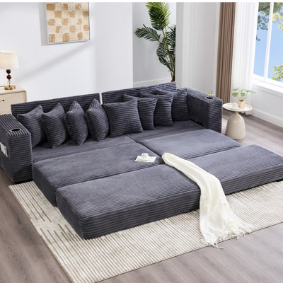 113.06" Modern Extra Deep Seat In Corduroy, Movable Footstool, Cup Holders, 8 Throw Pillows, To Bed - Dark Gray Oversized L Shaped With Chaise Corduroy Fabric, Upgraded Features, Converts