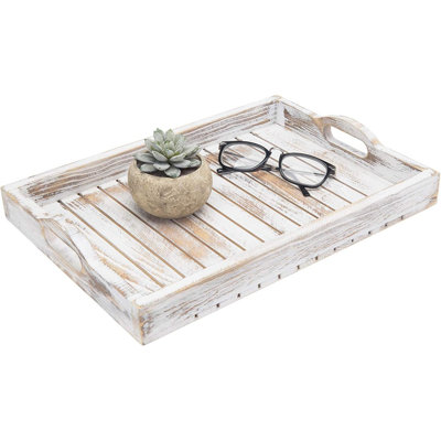 Plateau de service en bois avec poignées découpées en forme de lattes, plateau de table basse avec repose-pieds 16 x 11 po