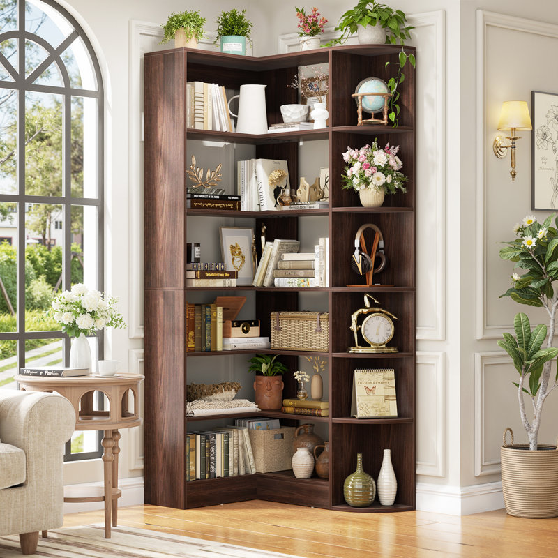 6 Tiers Corner Bookshelves With Baffle, 71" L-Shaped Bookcase With Open Storage, Walnut