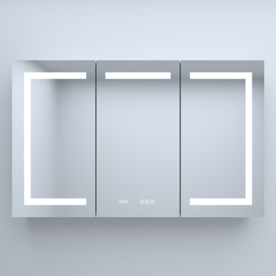 48 In. W X 30 In. H Rectangular Silver Aluminum Recessed/Surface Mount Medicine Cabinet With Mirror LED And Clock