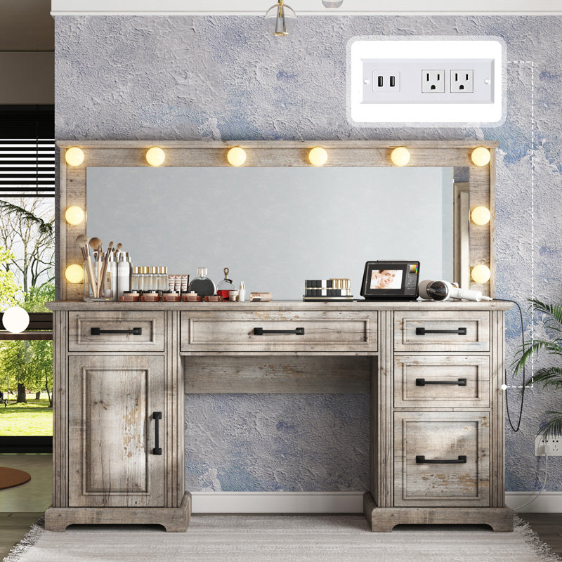 Cioeta 55.1"W Makeup Vanity with Hollywood Mirror, 5 Drawers & Adjustable Cabinet & Charging Station, 10 Detachable Light Bulbs