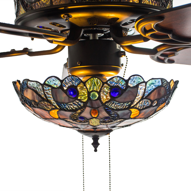 52'' Nevels 5 - Blade Magna Carta Ceiling Fan with Stained Glass Shade, Pull Chain, Violet