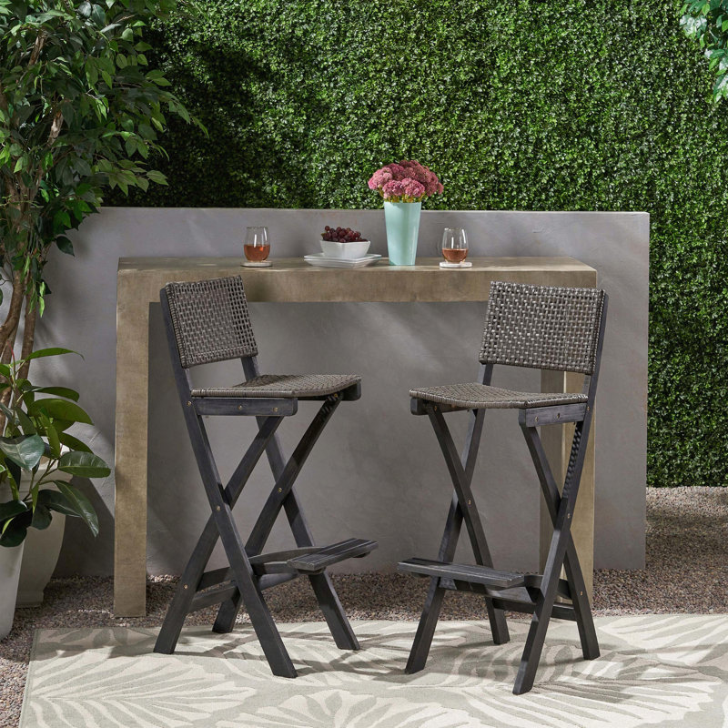 Folding Acacia Wood and PE Rattan Barstools (Set of 2)