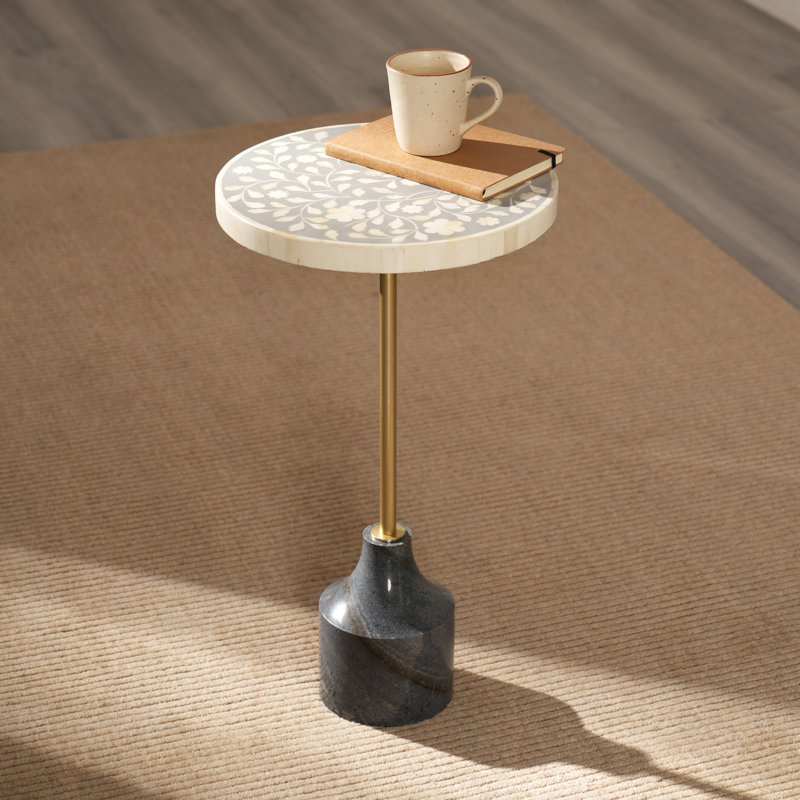 Table de bout Clotis Bone Inlay avec base en marbre véritable, H 24 po x l 14 po x P 14 po