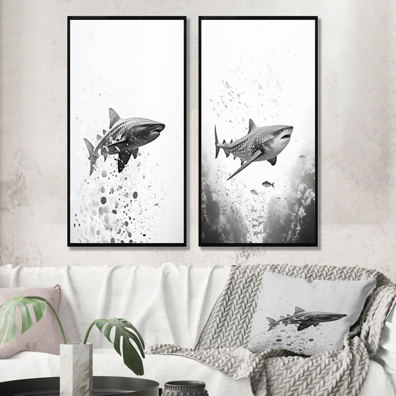 Danse du requin gris monochrome - ensemble de 2 décorations murales de requin, H 32 po x l 33 po, Cadre flottant noir