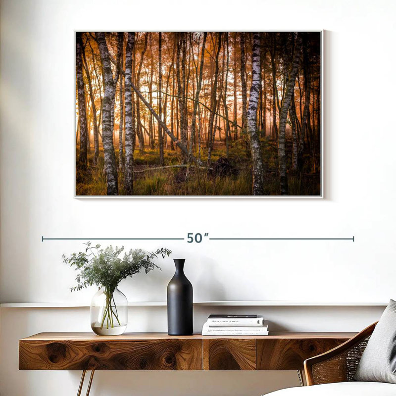 Forêt de bouleaux sombre, Cadre flottant blanc, 40 po x 27 po