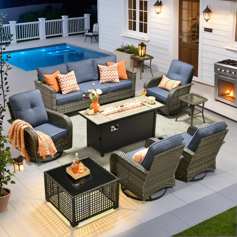 Allcot 7 - Person Patio Conversation Sets with Swivel Chairs and Cushions, Blue