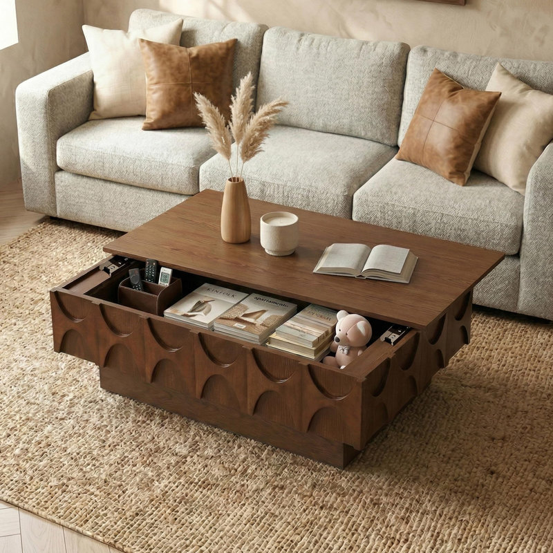38.59"  Slide Top Coffee Table with Hidden Storage, Mid-Century Fluted Rectangle Center Table ,Walnut, Walnut