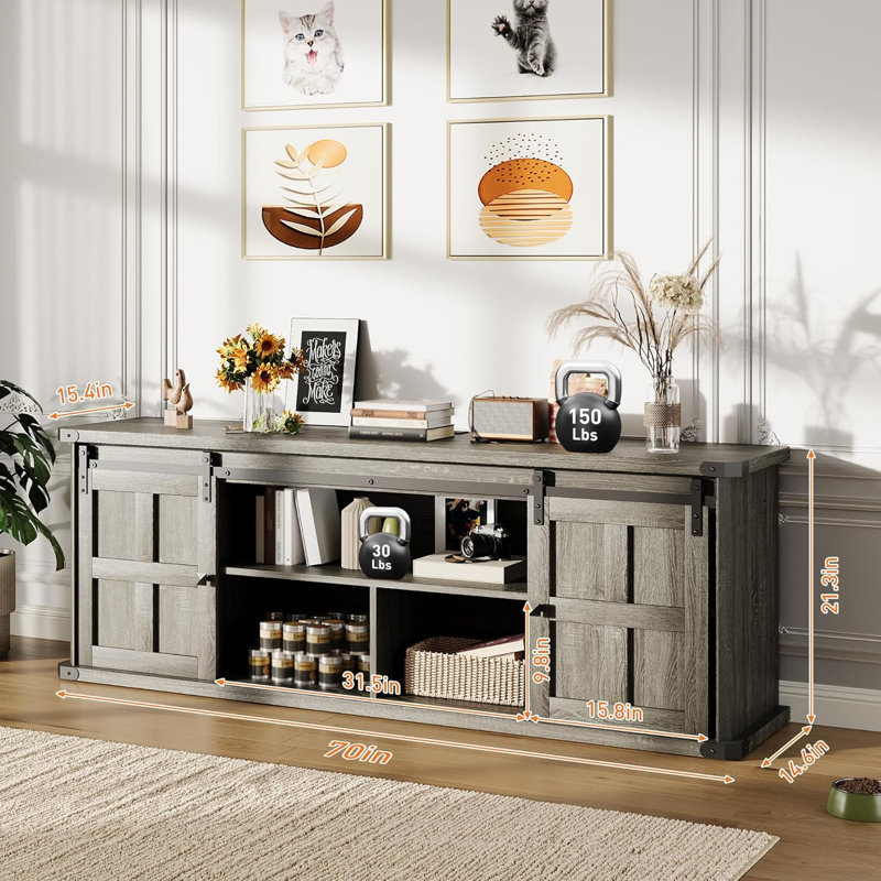 Farmhouse TV Stand for 75" TV, Entertainment Center with Barn Doors & Storage, Gray