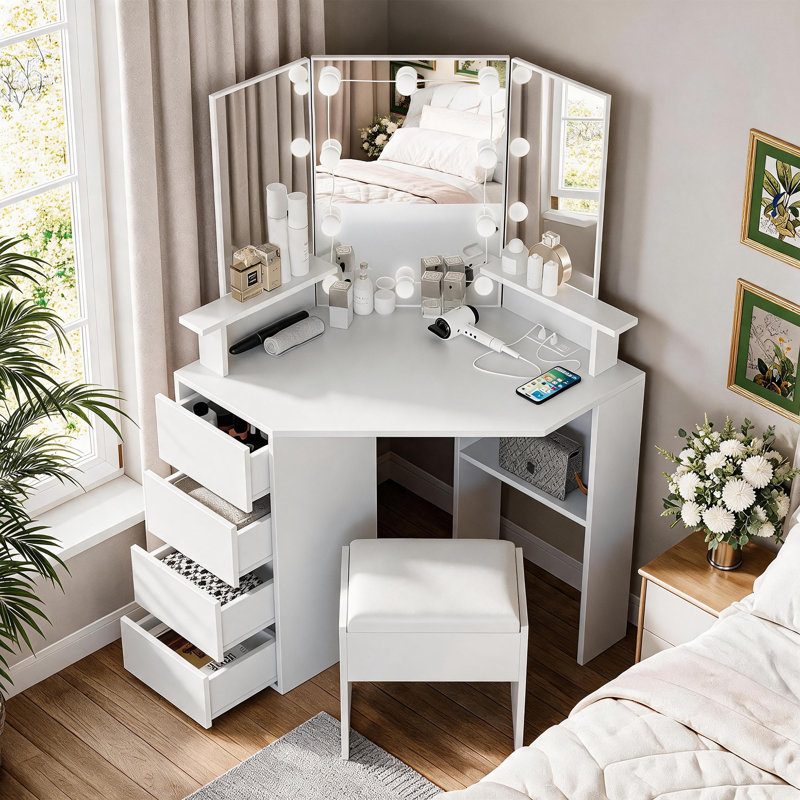 Miroir de meuble-lavabo de coin 42 po avec lumières, Blanc