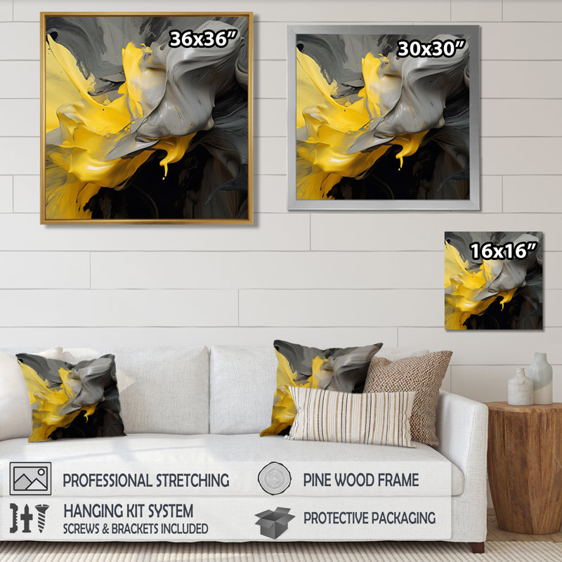 Raw Reflections Yellow Grey - art mural abstrait, H 36 po x l 36 po x P 1,5 po, Cadre flottant noir