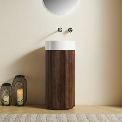 Armoire cylindrique autoportante 16 po Tanesha avec lavabo à surface solide ronde blanche sans trou de robinet, couleur grain de bois noyer