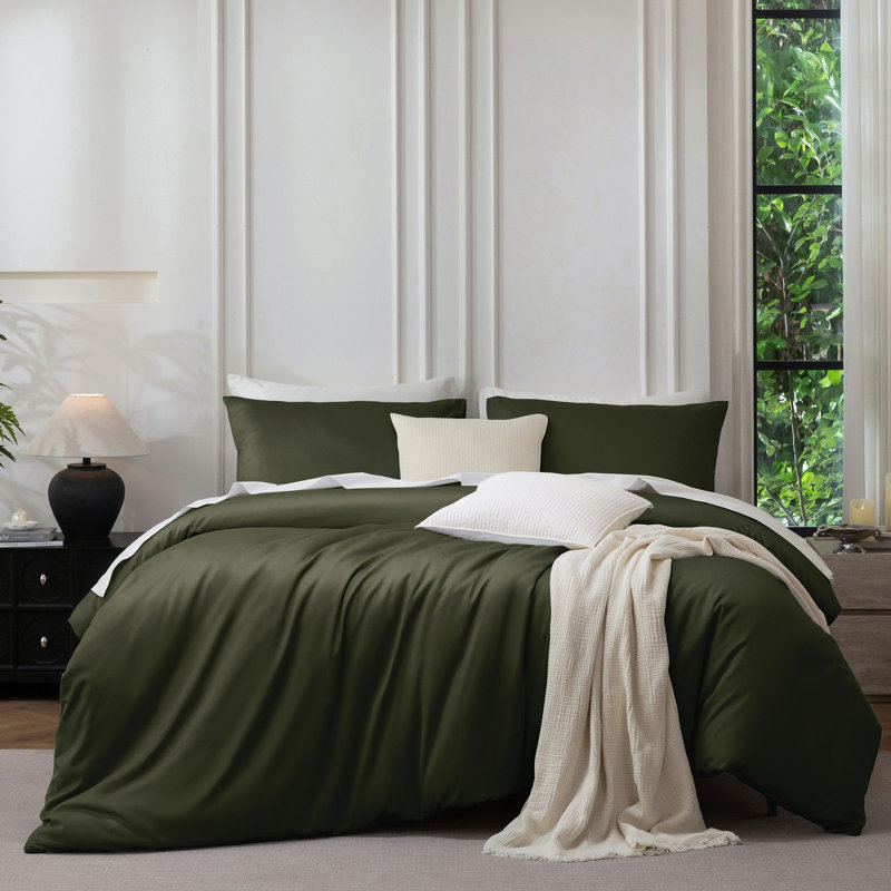 Ensemble de housse de couette MooMee, Housse de couette grand et 2 taies d'oreiller stan, Vert olive