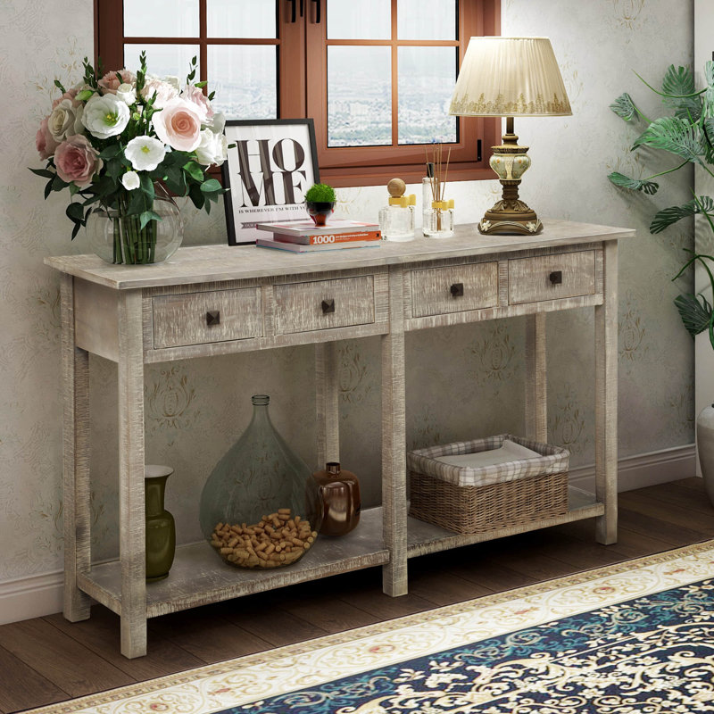Console d'entrée rustique à texture brossée avec tiroirs et tablette inférieure pour le salon, Gris