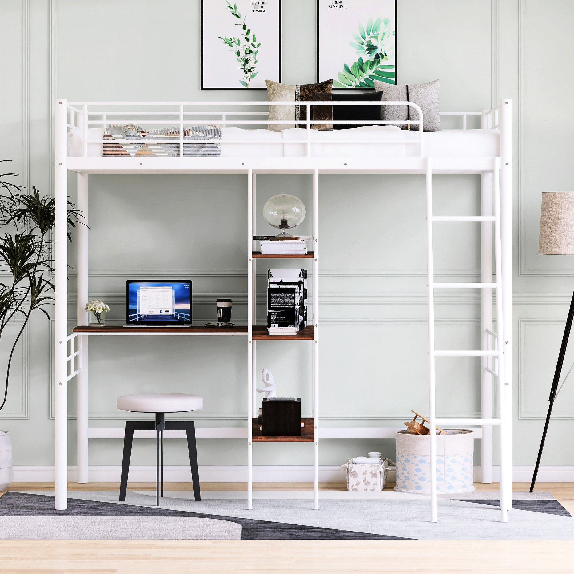 Latitude Run® Twin Size White Metal Loft Bed With Desk And Shelf ...