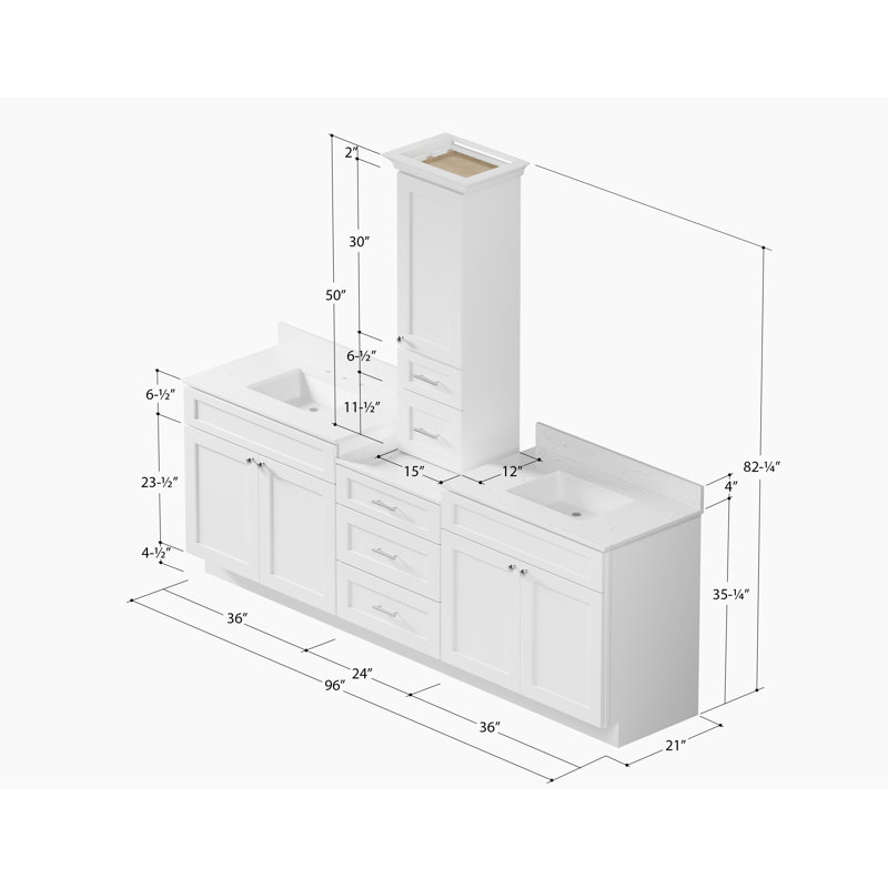  Ensemble de meuble-lavabo double 96 po avec comptoir en bois massif et comptoir, Blanc
