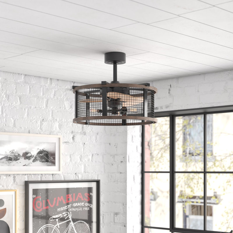 Ender 21 in. Oil Rubbed Bronze and Burnished Teak Indoor Rod Mount Industrial Fandelier Ceiling Fan with Anigre Blades, Dimmable LED Light Kit and Remote Control Included, 3 Speeds Caged Drum Shade