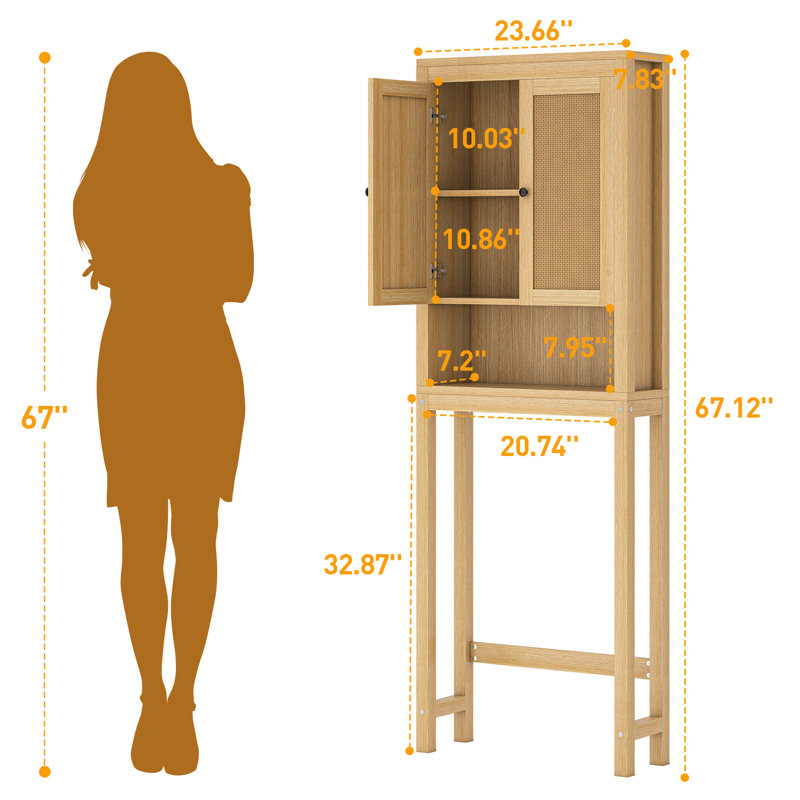 Armoire de rangement en rotin au-dessus de la toilette, organisateur de salle de bain au-dessus de la toilette avec tablette réglable, armoire de toilette derrière, économiseur d'espace pour les toilettes, salle de bain, buanderie, étagère en bois