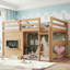 Lit mezzanine double compact avec rangement, maison de jeu rustique en bois aggloméré de pin