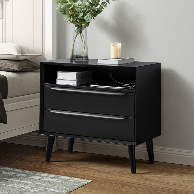 Aviannah Midcentury Modern 2 - Drawer Nightstand with Built-In Charging Station and Rubber Wood Legs and Open Shelf