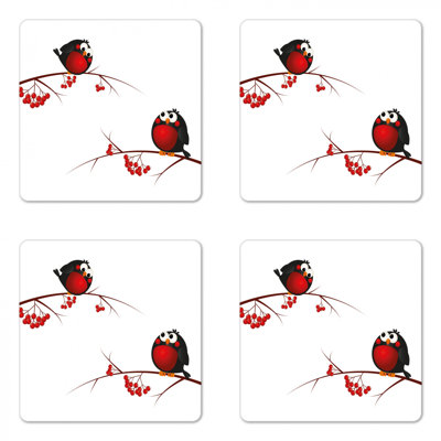 Ensemble sous-verre ambesonne rowan de 4, les oiseaux de style dessins animés à thème enfant sur les branches sont amusants, un motif de noël carré carré, taille standard, blanc noir rouge