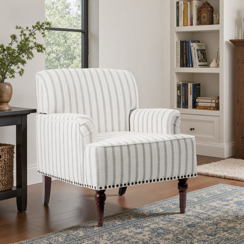 Iliana Armchair with Solid Wood Legs and Nailhead Trim, Pinstripe Grey