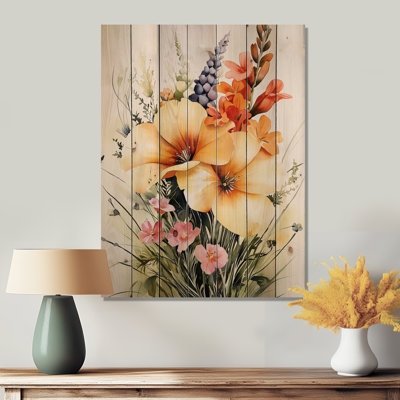 Floral Fusion In Summer Prairies I - Botanicals Wooden Wall Art On Natural Pine Wood