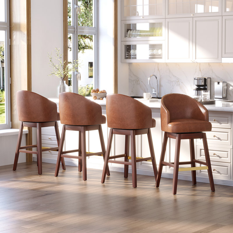 Swivel 31.9'' Faux Leather Bar Stool with Solid Wood Legs, Brown, Reddish Brown, Bar Stool (31.9" Seat Height)