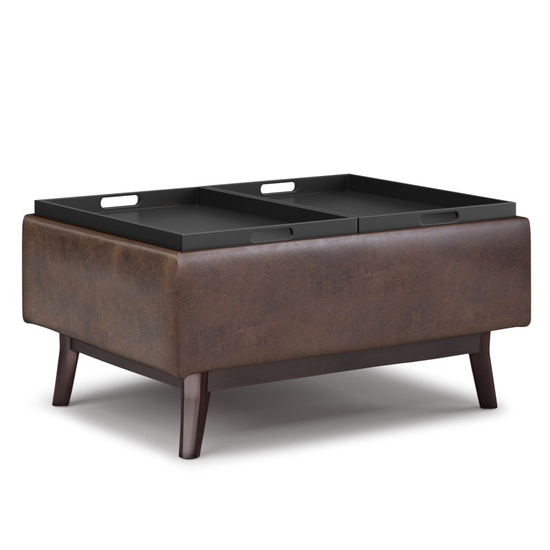 Owen 34"W Small Upholstered Coffee Table Storage Ottoman with Flip-Over Tray Top and Solid Wood Legs