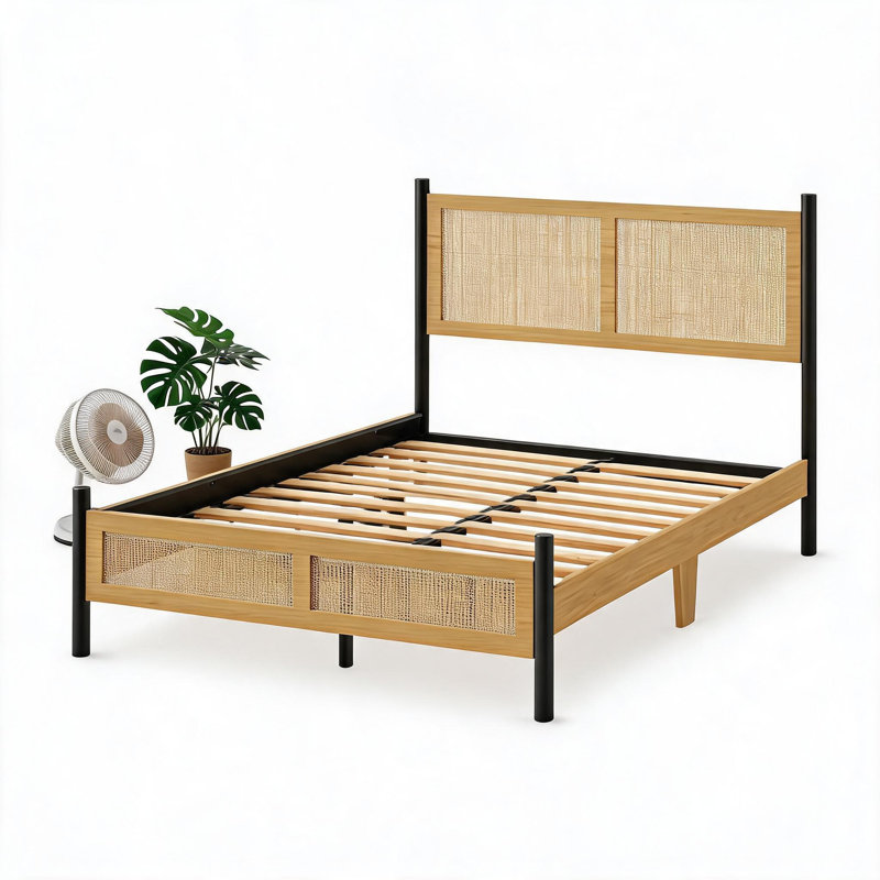 Base de lit plateforme en bois de rotin avec pied de lit intégré, support de lattes en bois silencieux, rangement sous le lit de 7,5 po, tête de lit en rotin tissé Boho, aucun sommier requis, assemblage facile.