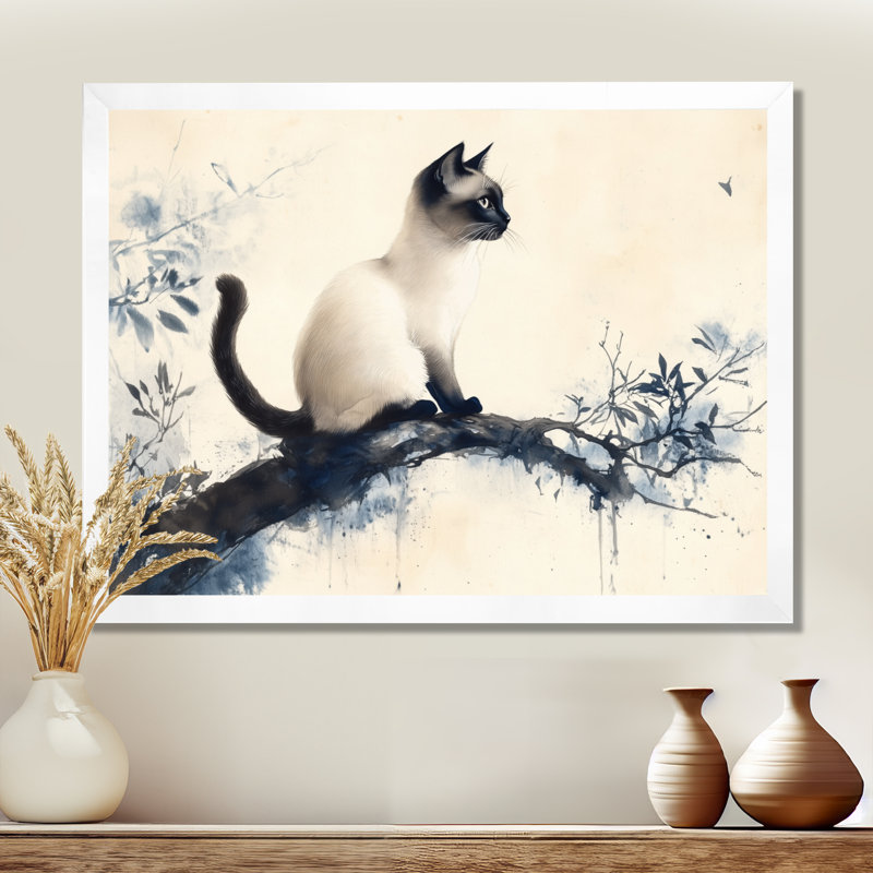 Chat siamois à l'encre - Portrait d'animal de compagnie encadré, H 12 po x l 20 po, White Picture Framed