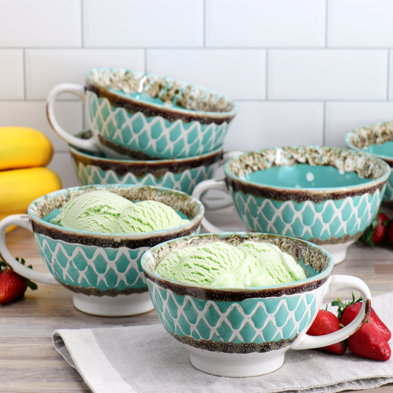 Meritage Otis 6 Piece 27 Ounce Stoneware Soup Bowl with Handle Set in Cobalt, Turquoise