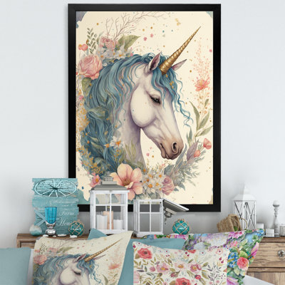Cute Pastel Unicorn Surrounded By Flowers I - Print on Canvas