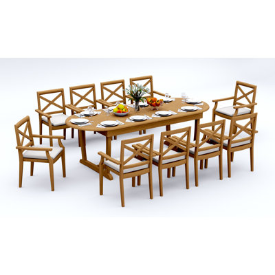 6 Seats 7 Pcs Grade-A Teak Wood Dining Set: 94" Mas Oval Trestle Leg Table And 6 Granada Stacking Arm Chairs #11GR2306
