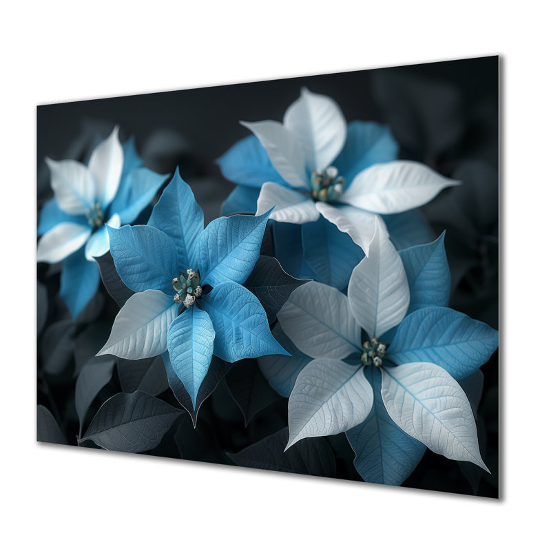 «Poinsettias II», impression d'art mural gris et bleu, Métal métal, 34" H x 44" W