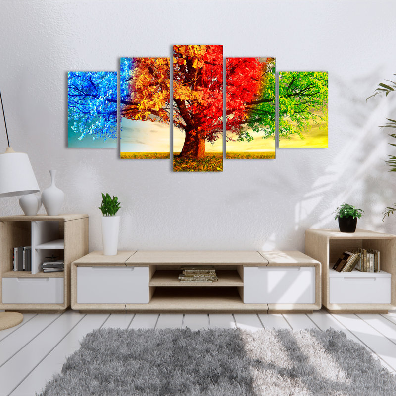 Landscape Trees Four Stations - 5 Piece No Frame Print on Canvas, 100cm H x 200cm W