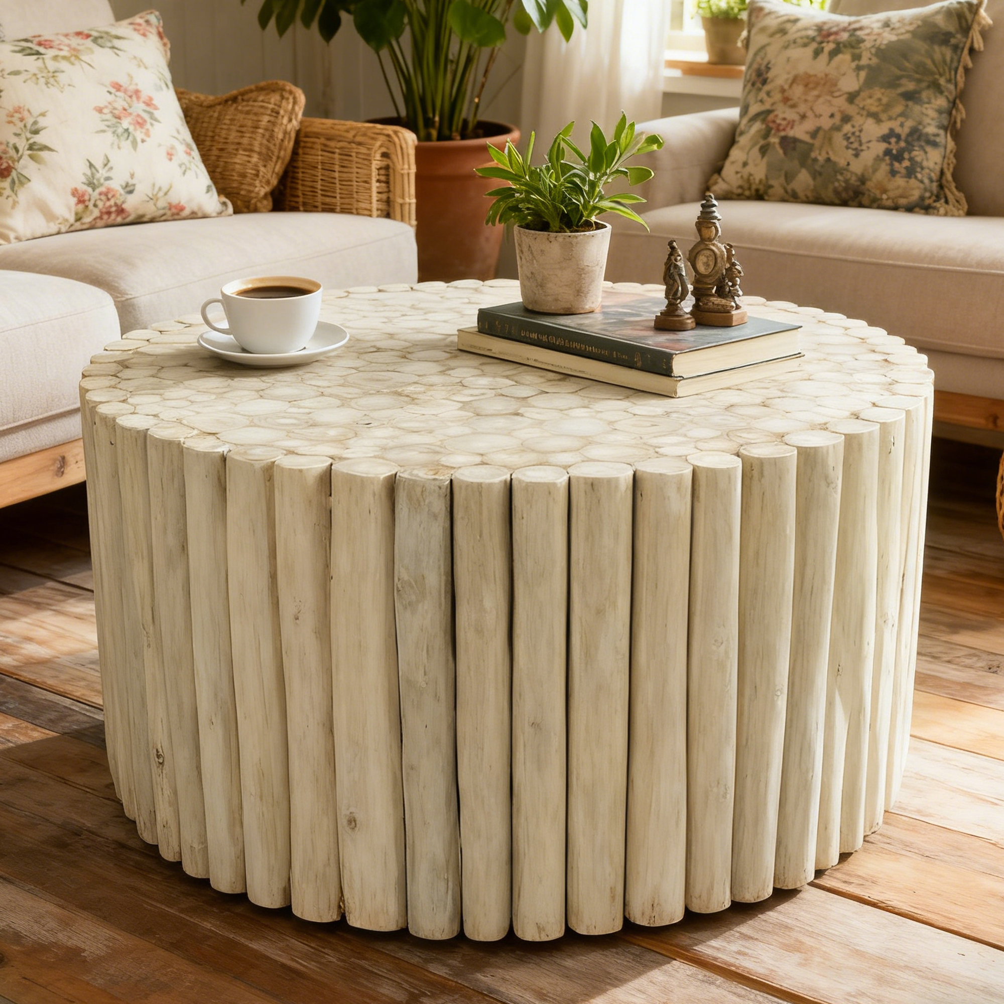 Latitude Run® Solid Wood Cylindrical Slatted Natural Texture Living ...