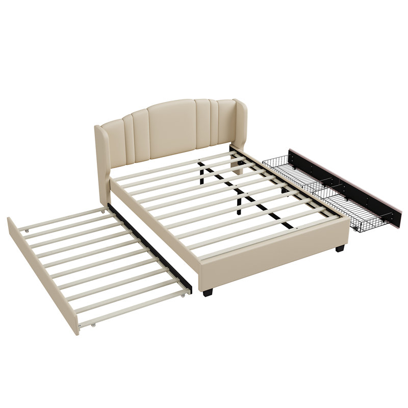 Upholstered Platform Bed With Wingback Headboard, One Trundle And 2 Drawers, No Box Spring Needed, Linen Fabric, Size,, Beige