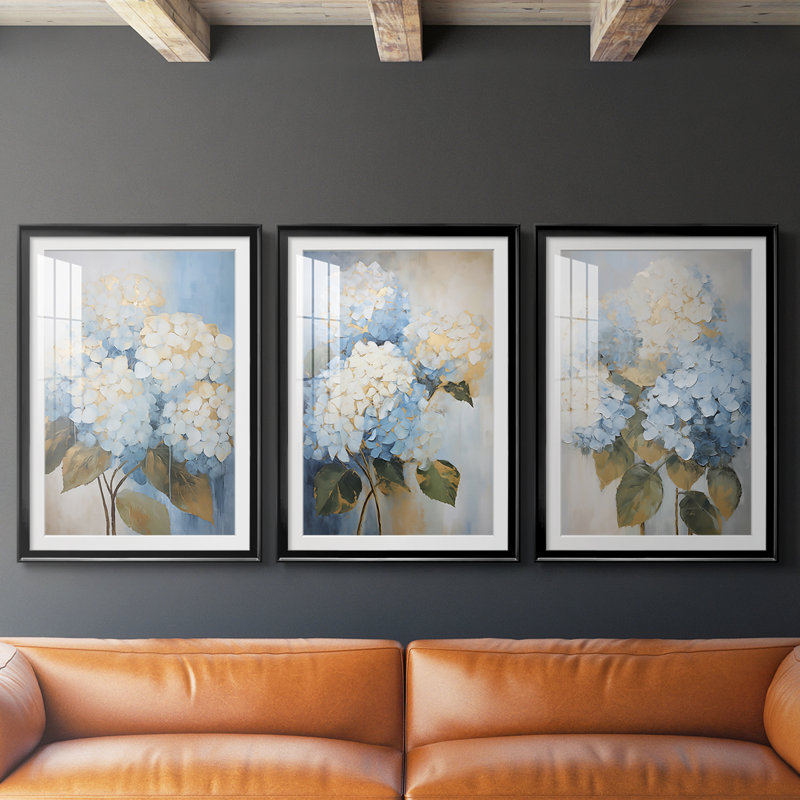 FLORAL Series CXV - reproduction sur mesure encadrée de qualité supérieure - 3 pièces, H 21 po x l 30 po, Noir