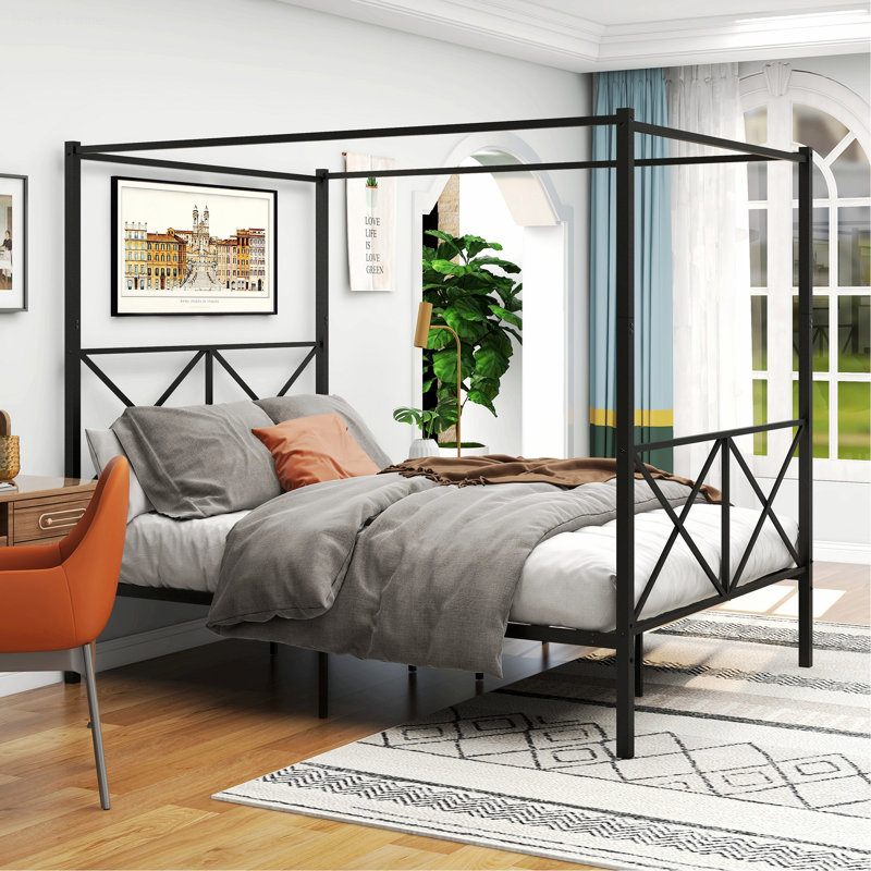 Lit élégant pour appartement, chambre d'amis, cadre de lit à baldaquin en métal, cadre de lit plateforme