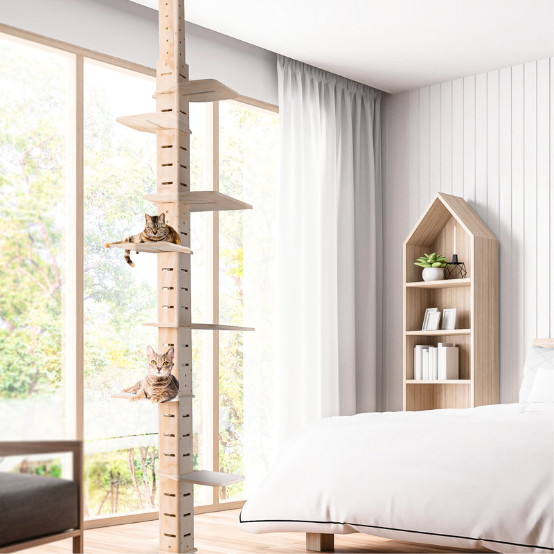 Arbre à chat à plancher réglable pour chats d'intérieur. Multi-niveaux verticaux. Fabriqué en panneau de pin multicouches. Équipé de tablettes et d'un tapis de flanelle. Encourage l'exercice des chats. Pas de perçage