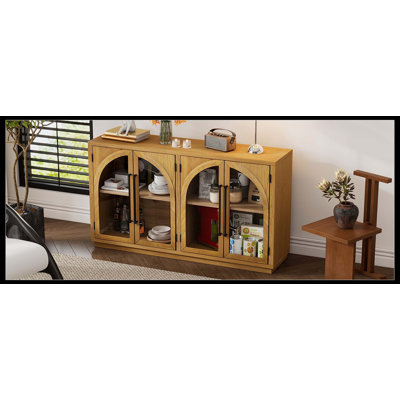 4-Door Large Storage Sideboard Buffet Cabinet With Glass Doors, Arched Cabinet With Adjustable Shelves For Kitchen, Dining Room And Living Room (Natural Wood)