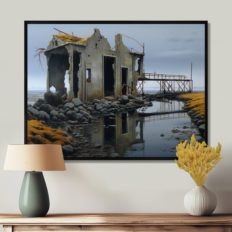 Maison de campagne déserte, ruine, gris, nostalgie - paysage, art mural, Toile avec cadre flottant noir